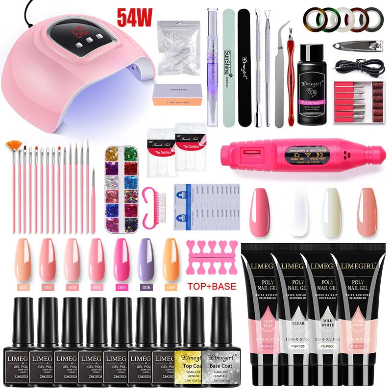 Limegirl Nail Set Nail Gel Tools Kit 54W Nail Lamp 18/12/7 Colors UV Gel Nail Polish Kit Contains Nail Drill Machine Nail Kit