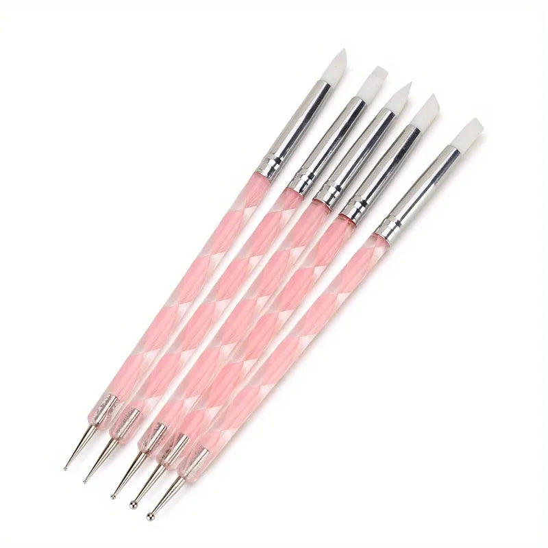 5Pcs 2 Way Nail Art Acrylic Silicone Point Flower Nail Pen Stainless Steel Dotting Tools Marbleizing Painting Pens
