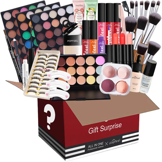 Cosmetic Gift Box Eyeshadow Eyeliner Eyebrow Pen Lipstick Lip Gloss Primer Foundation Loose Powder Brushes Puff