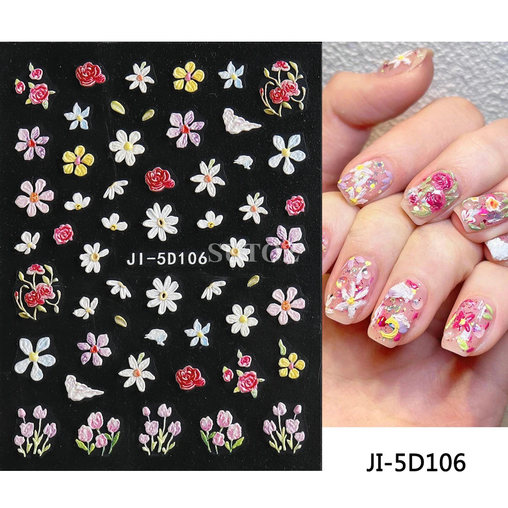 Embossed 5D Nail Art Stickers Colorful Elegant Flowers Rose Butterfly Sliders For Nails White Petals Manicure Decals GLJI-5D117