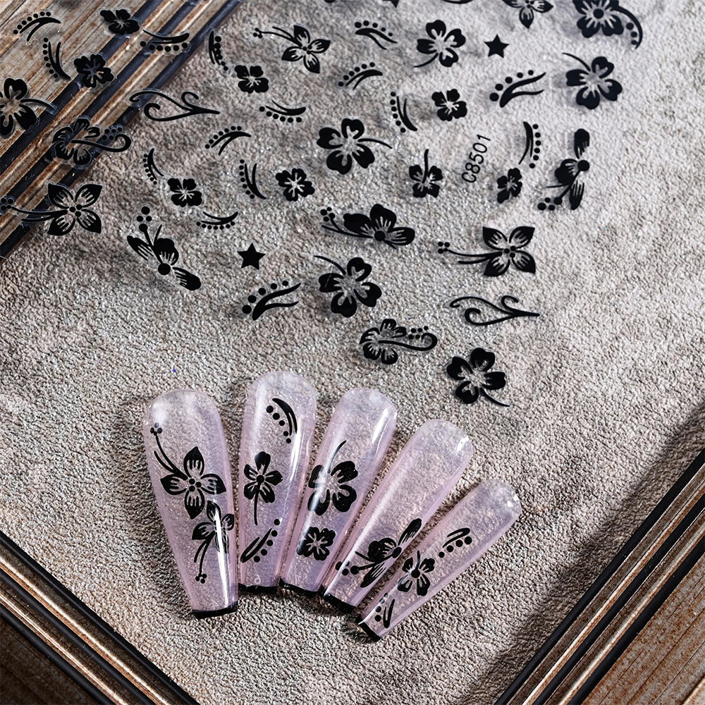 1pc 3D Hibiscus Flowers Nail Sticker White Black Flower Petals Adhesive Decals Pink Golden Floral Slider For Nail Art Decoration