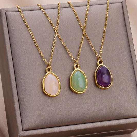 Fashion Stone Opal Oval Necklace For Women Stainless Steel Gold Color Green Stone Pendant Necklace Wedding Aesthetic Jewelry Gif