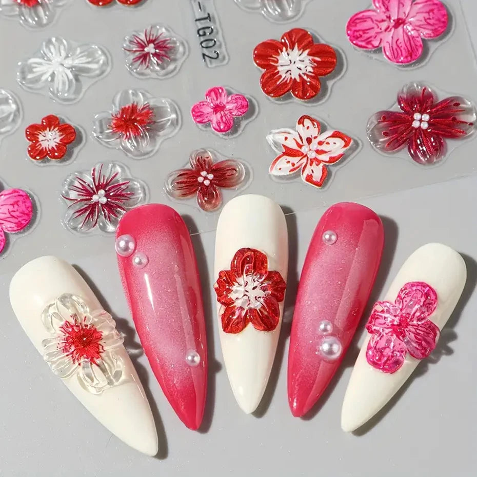 5D Embossed Fairy Orchid Hibiscus Nail Art Stickers Colorful Flowers Transparent Floral Decals Self-Adhesive Charms for Manicure