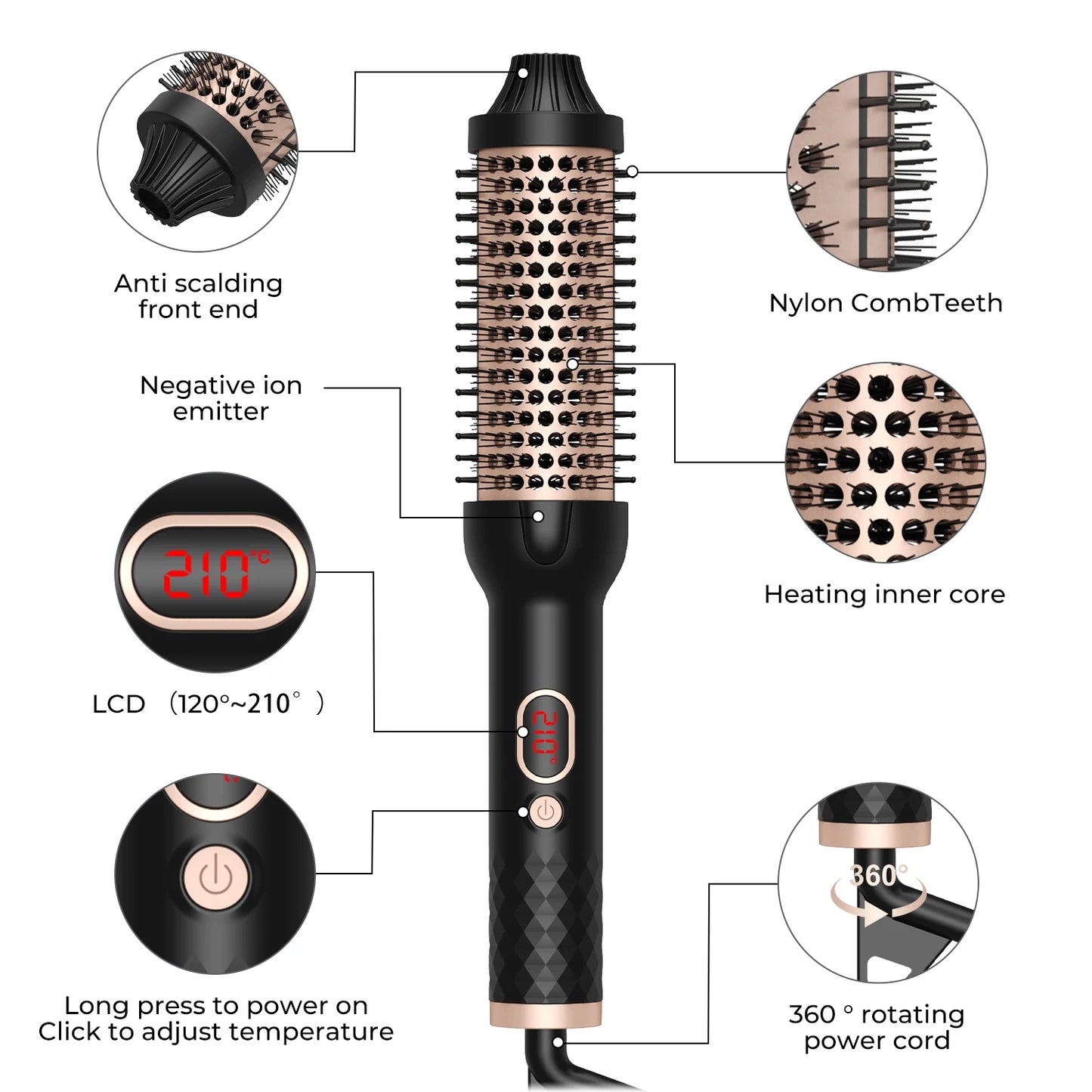 Fast Heating 210°C Ceramic Hair Curler Comb 32/38mm Fluffy Curling Wand Hot Brush