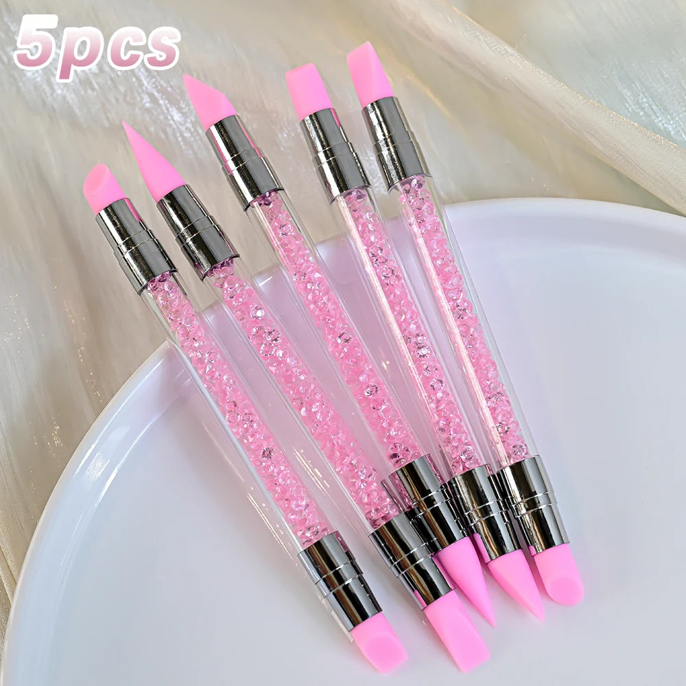 5Pcs/Set Pink Dual Ended Rhinestone Nail Art Silicone Pen Sculpture Pen/3D Flower Carving/Dotting Nail Tool 13cmManicure Brush