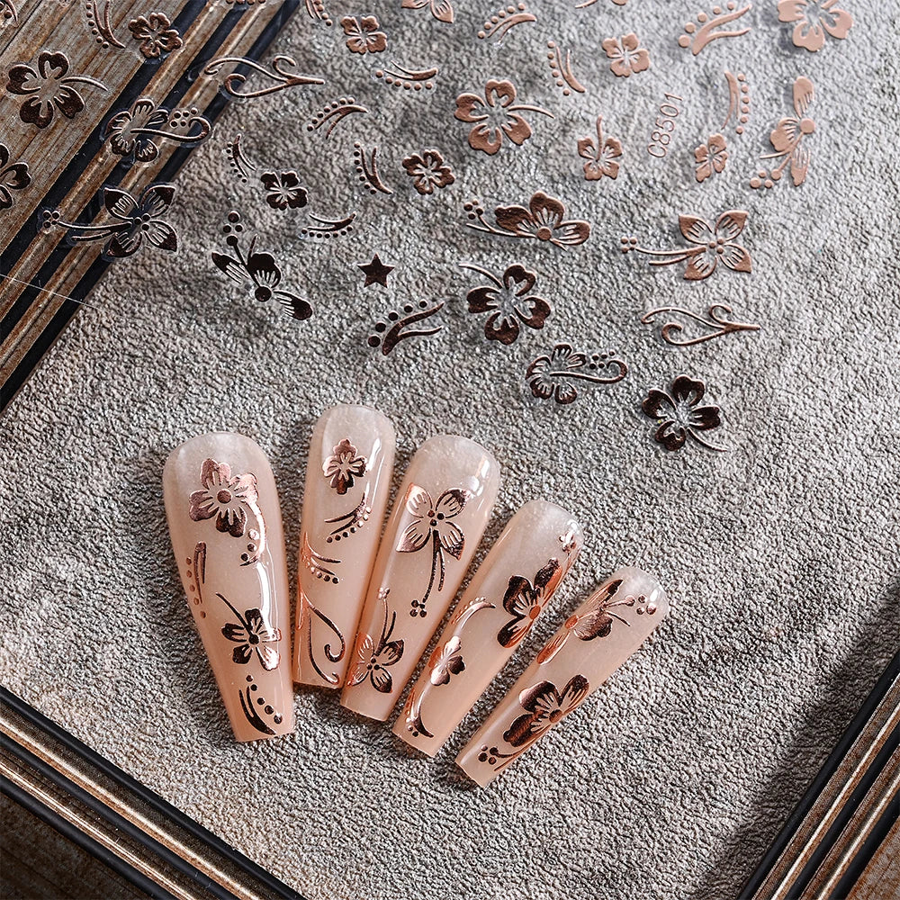 1pc 3D Hibiscus Flowers Nail Sticker White Black Flower Petals Adhesive Decals Pink Golden Floral Slider For Nail Art Decoration