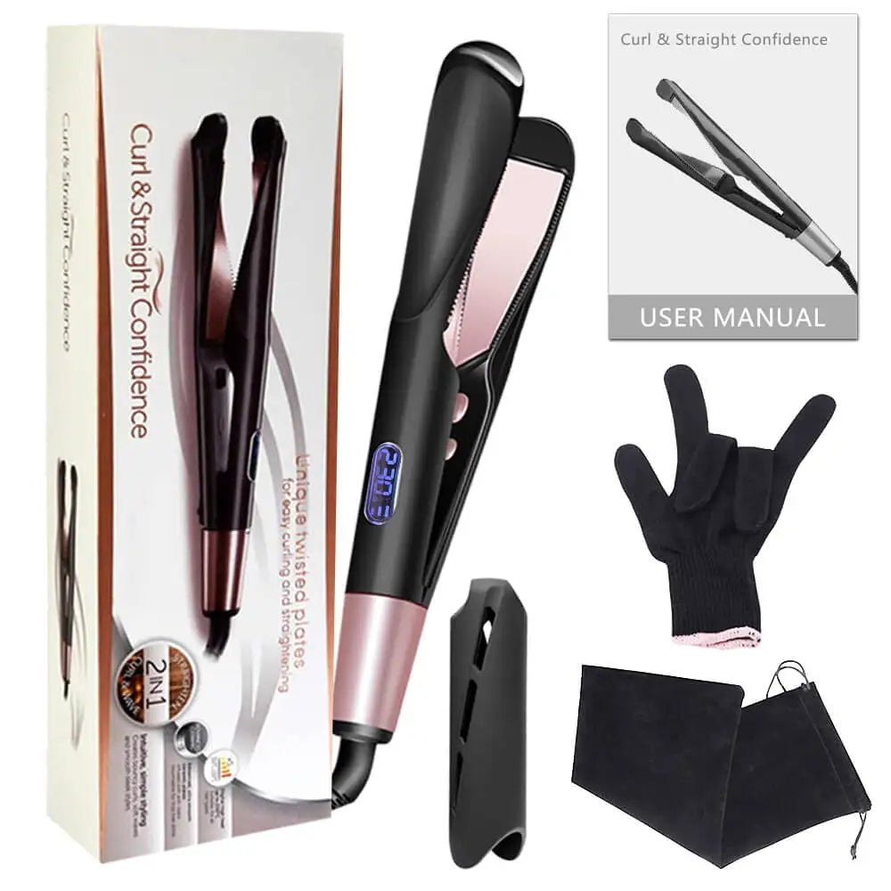 Hair Straightener And Curler 2 in 1 Ceramic Tourmaline Twist Straightening Curling Hair Styling Flat Iron Tool Dual Voltage