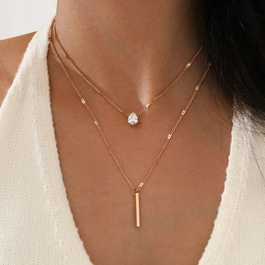 FTCY Double Layered Water Drop Pendant Necklace for Women Gold Color Simple Neck Chain Female Vintage Jewelry Gifts