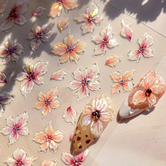 Jelly Colorful Lily Petals Flowers Gradient Halo Dyeing Delicate Shiny Dressy Rhinestone Spring Nail Art Stickers Manicure Decal