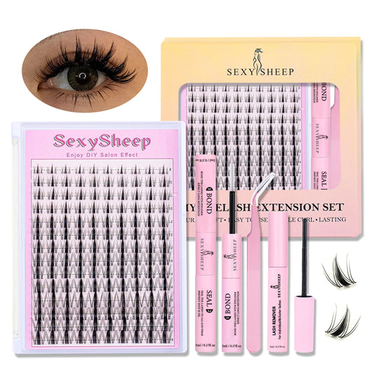 DIY eyelash extension set natural eyelash group set D curl single false eyelash group with bond and seal ,remover,tweezer