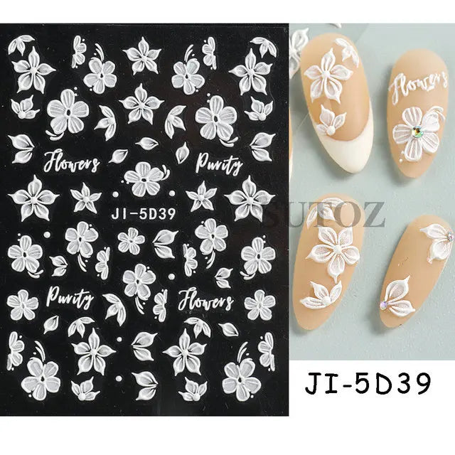 Embossed 5D Nail Art Stickers Colorful Elegant Flowers Rose Butterfly Sliders For Nails White Petals Manicure Decals GLJI-5D117