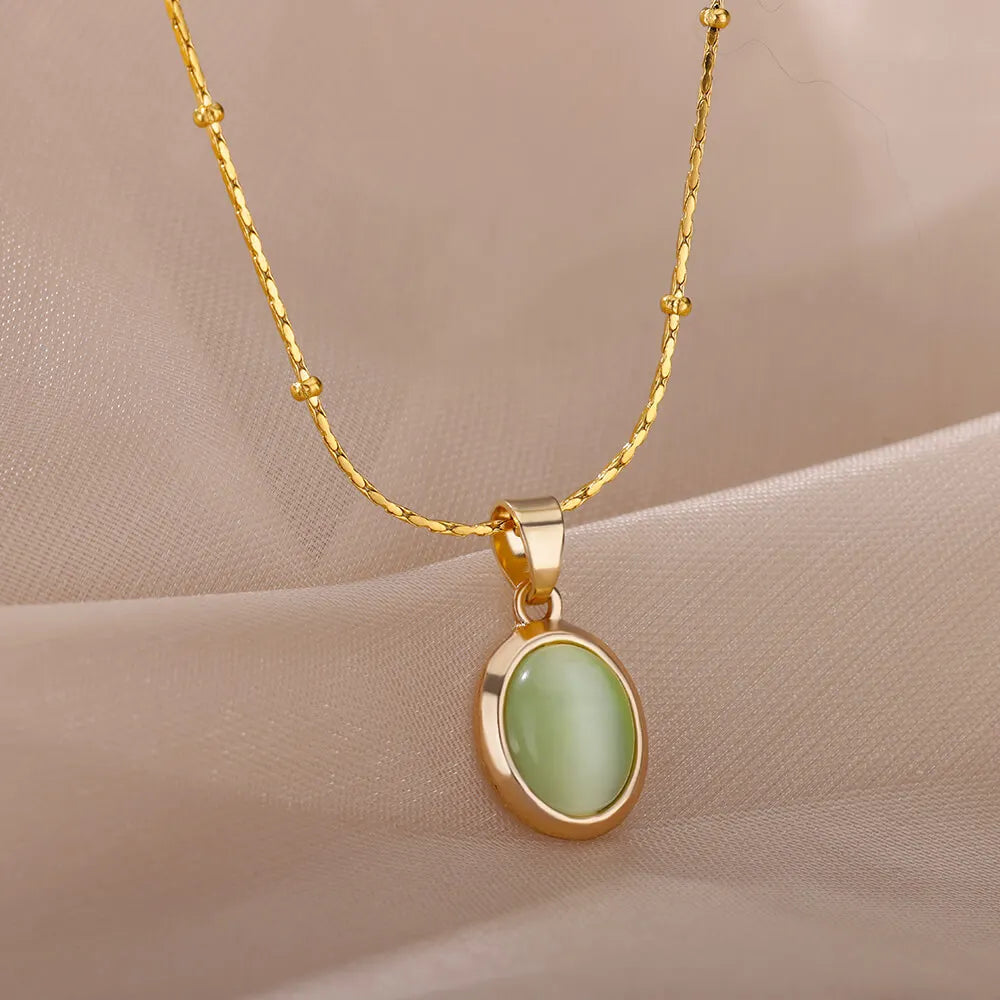 Fashion Stone Opal Oval Necklace For Women Stainless Steel Gold Color Green Stone Pendant Necklace Wedding Aesthetic Jewelry Gif