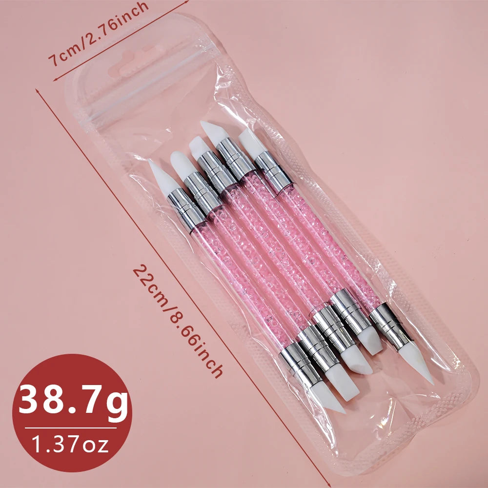 5Pcs/Set Pink Dual Ended Rhinestone Nail Art Silicone Pen Sculpture Pen/3D Flower Carving/Dotting Nail Tool 13cmManicure Brush