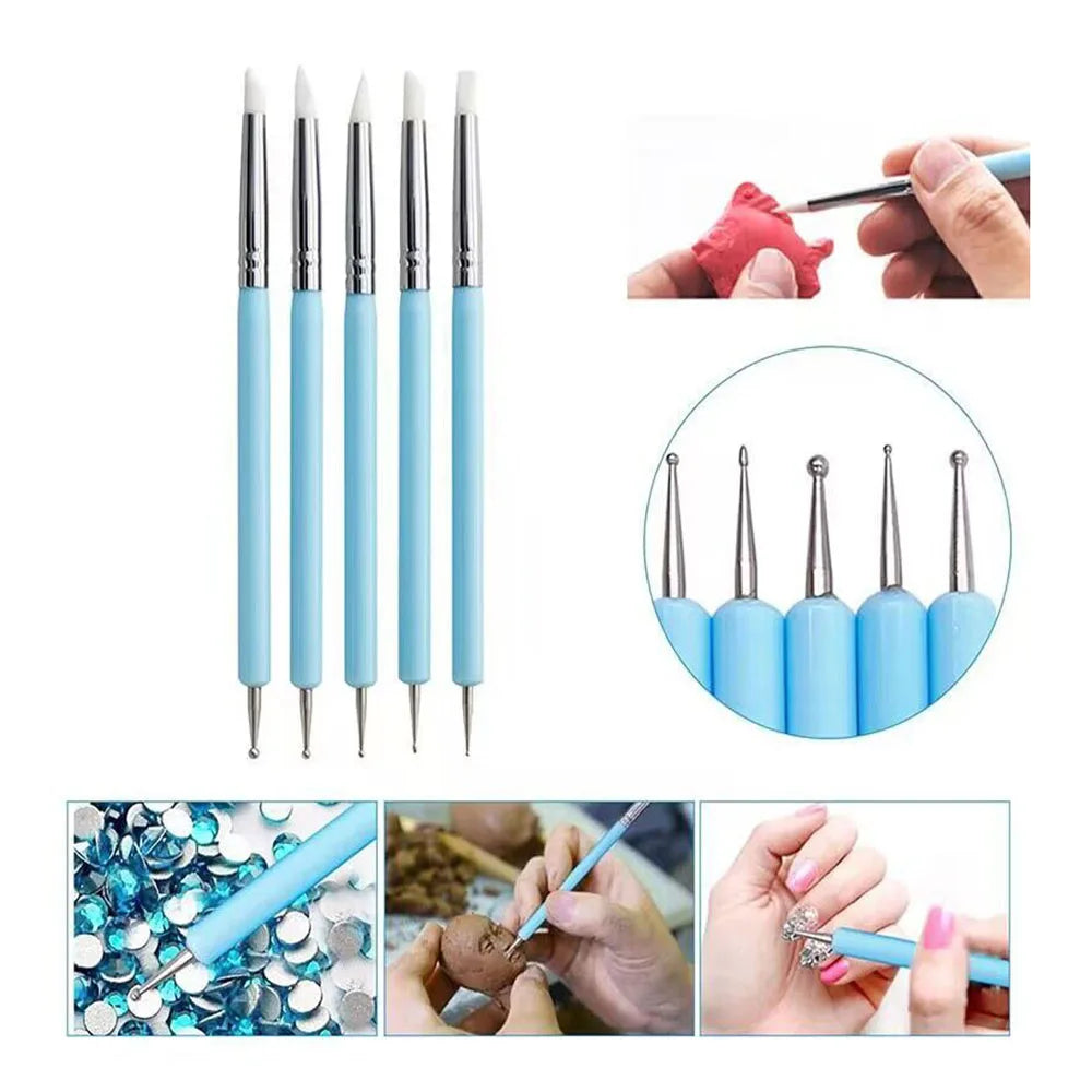 5Pcs/Set Sculpture Dotting Pen Nail Art Silicone Brush Colorful Crystal Dual-head Carving Flower Painting Pen DIY Manicure Tools