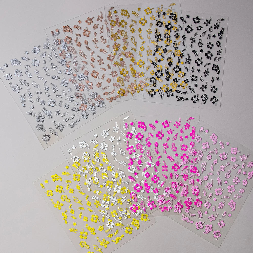 1pc 3D Hibiscus Flowers Nail Sticker White Black Flower Petals Adhesive Decals Pink Golden Floral Slider For Nail Art Decoration