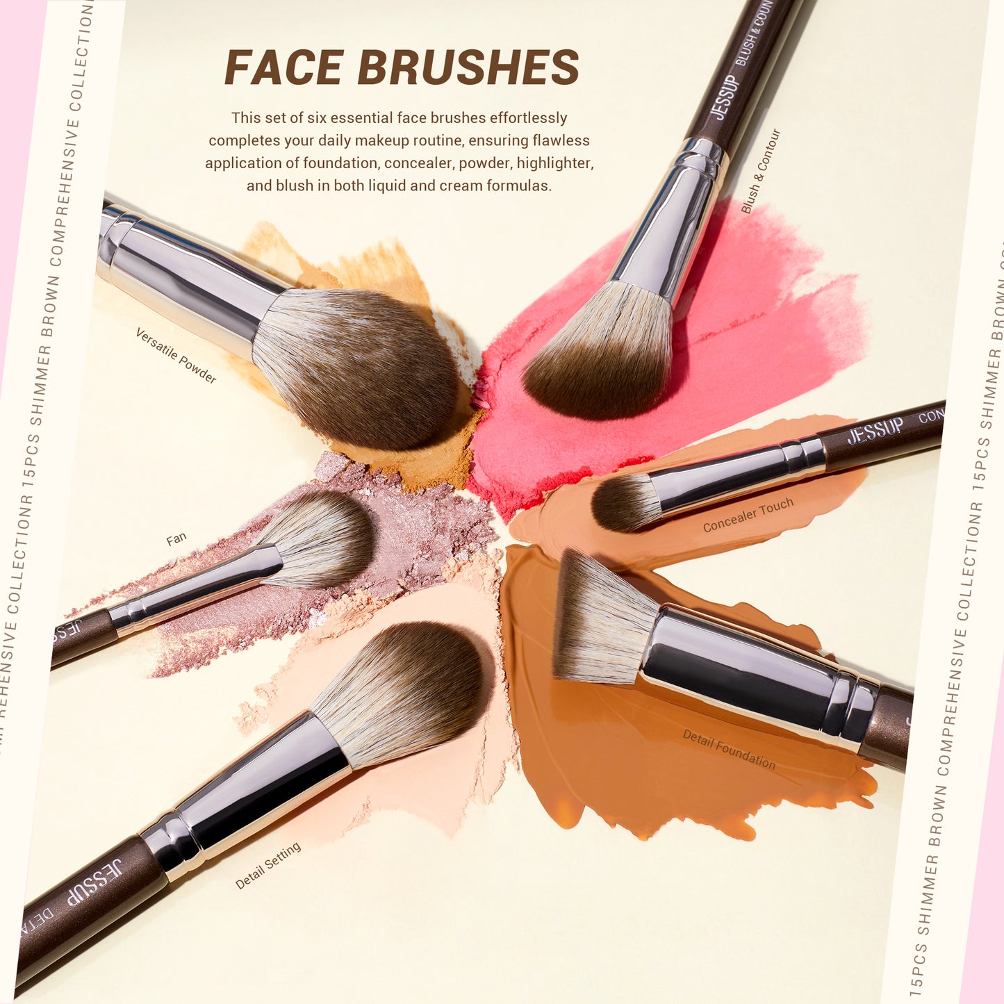 Jessup Makeup Brushes set 15pcs Brown Make up Brushes Vegan Foundation Blender Concealer Powder Eyeshadow Highlighter